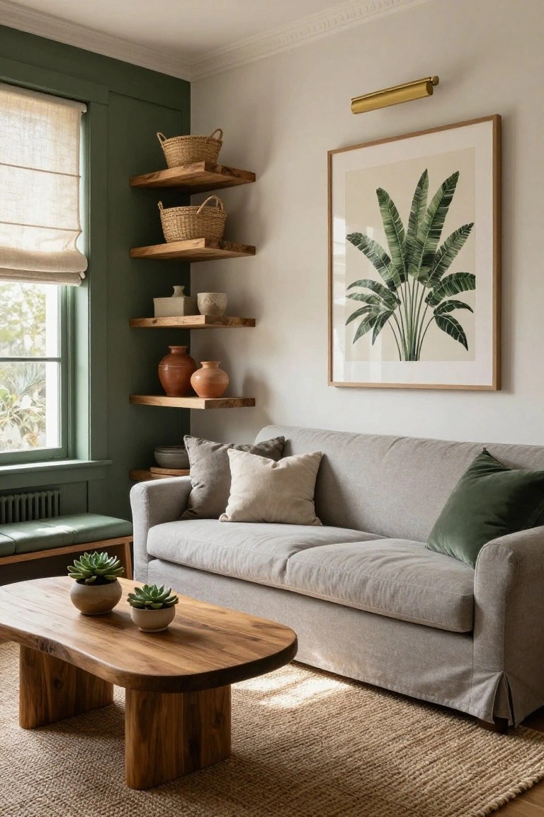 Light gray slipcovered sofa in a living room with green accent wall, wooden floating shelves holding baskets and pottery, low natural wood coffee table with two potted succulents, seagrass rug, and large framed artwork of green leaves.