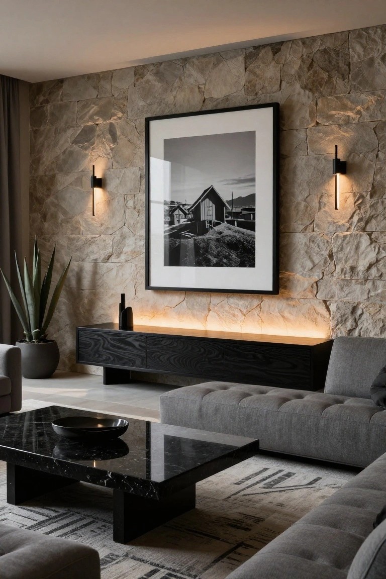 Modern living room with light grey L-shaped sofa, black wood media console with LED backlighting against beige textured stone accent wall, large black-framed black-and-white photo, black wall sconces, snake plant in black pot, and black marble coffee table on light rug.