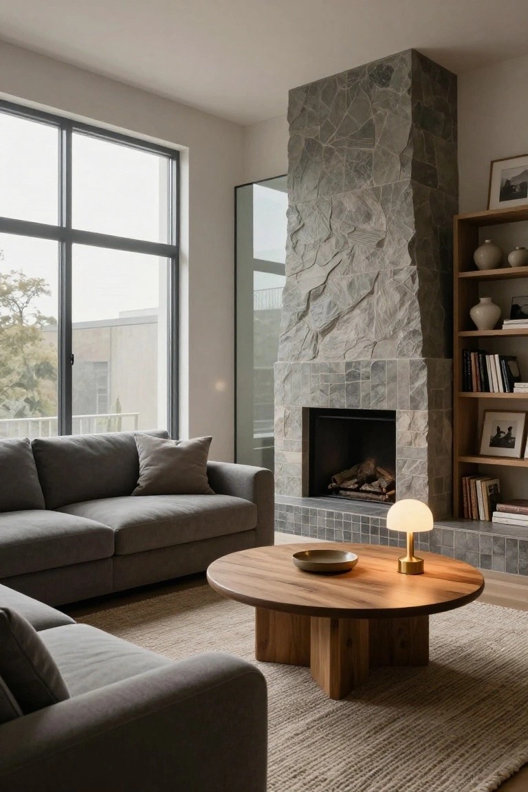 Modern living room with a gray L-shaped sofa facing a tall textured gray stone fireplace wall, wooden round coffee table on a beige rug, bookshelves, lamp, and large windows showing trees outside.