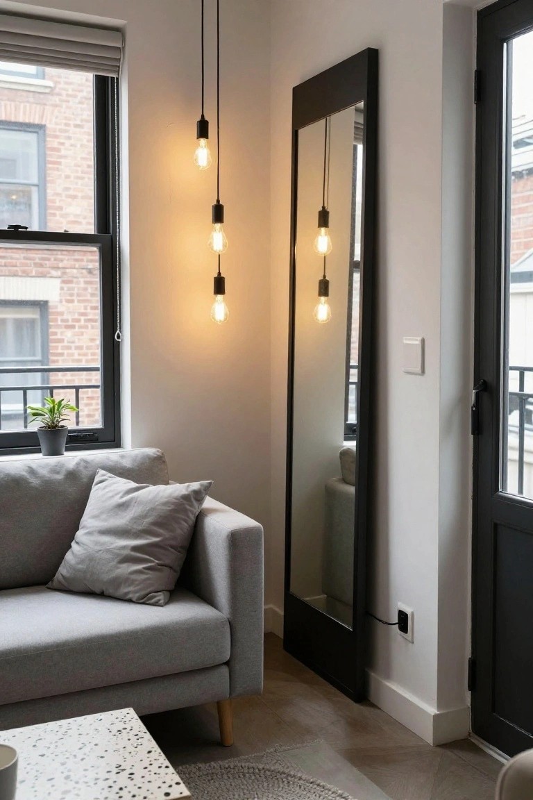 Corner of a modern living room showing light grey sofa with pillows, tall slim black-framed floor mirror, hanging pendant lights with exposed bulbs, window with blinds and potted plant, low coffee table, and neutral walls.