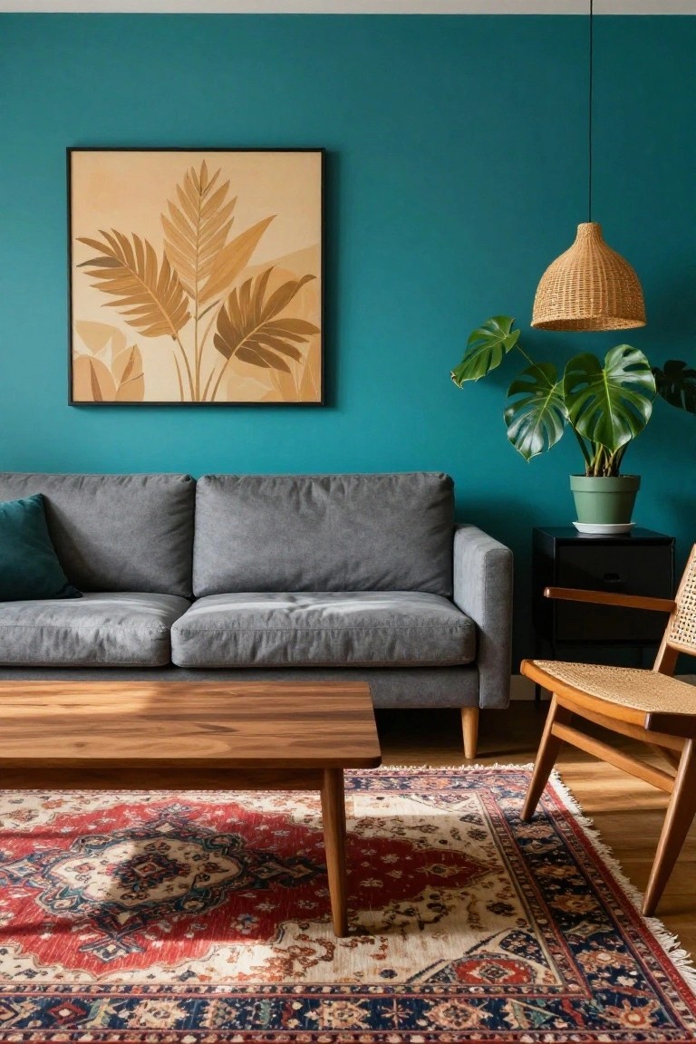 Living room interior with teal walls, light gray two-seater sofa, wooden coffee table on red and navy Persian rug, monstera plant in green pot beside black side table, rattan pendant lamp, wooden rattan chair, and framed palm leaf artwork.