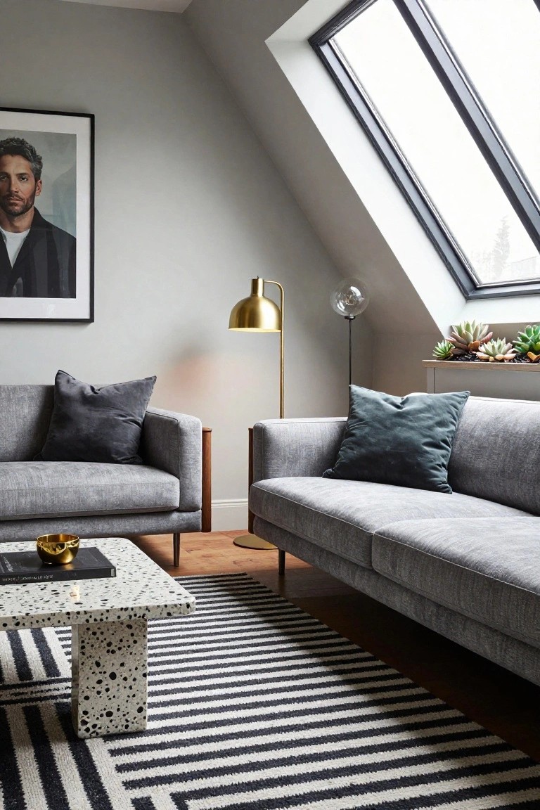 Modern attic living room with two light grey fabric sofas facing a white terrazzo coffee table on a black-and-white striped rug, gold arched floor lamp, potted succulents on a shelf, and a framed portrait of a man on a light grey wall beneath slanted skylights.