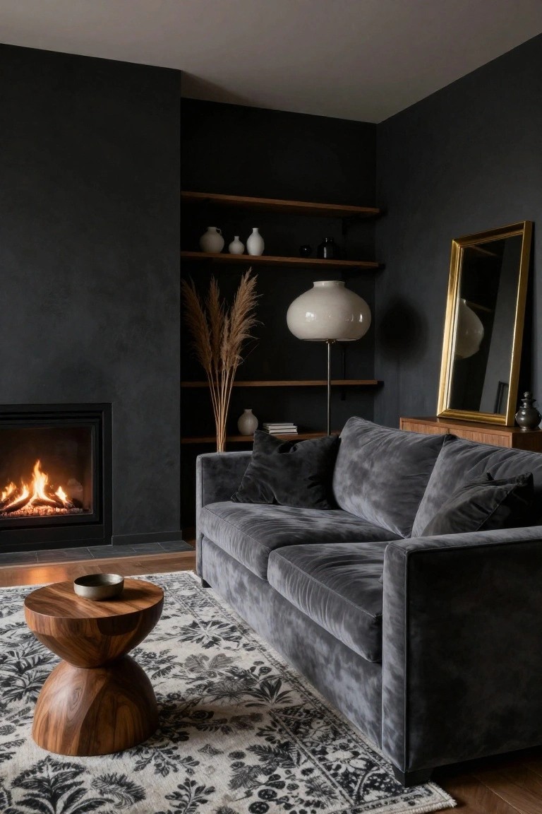 A modern living room corner with dark textured walls, a grey velvet L-shaped sofa facing a fireplace, floating wood shelves holding pampas grass and white ceramics, a white globe lamp, gold-framed mirror, wood side table, and patterned rug on wood floors.