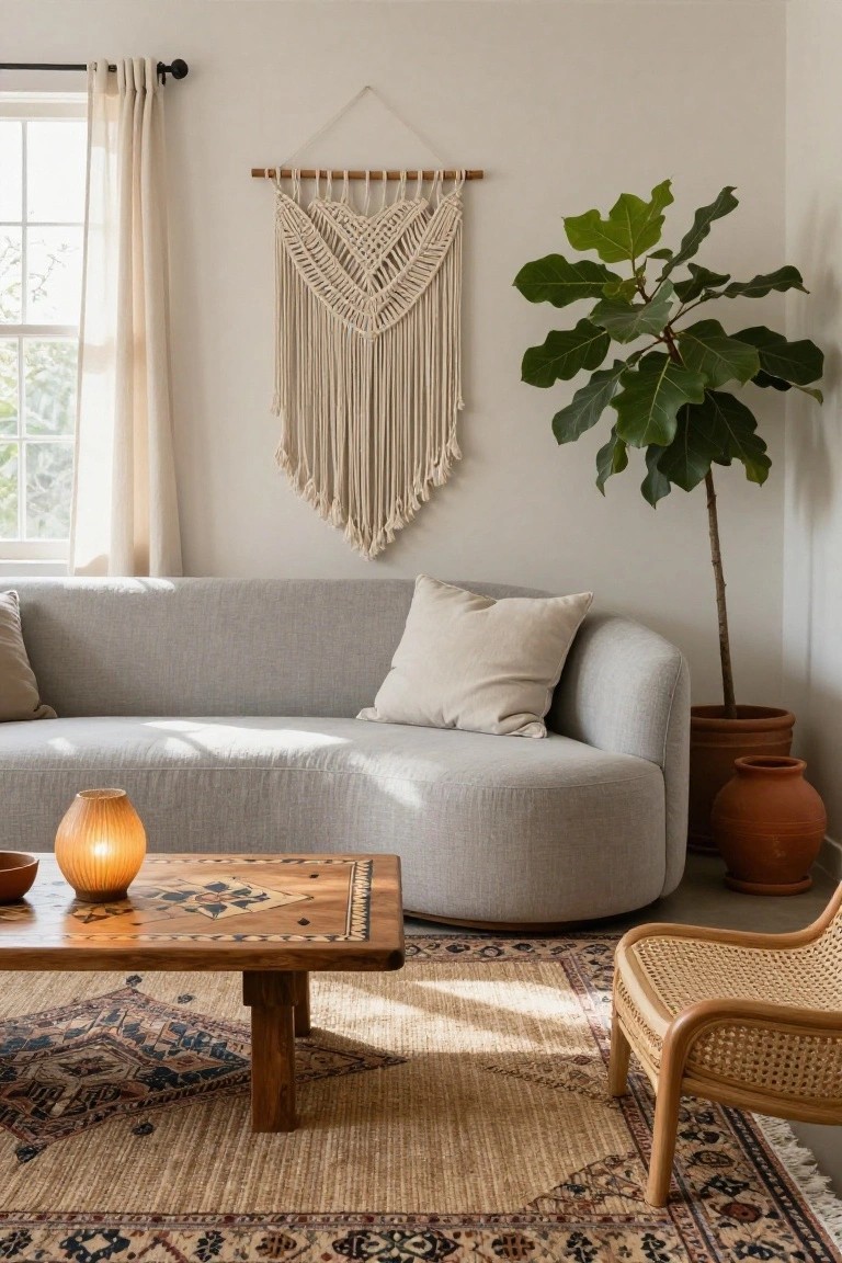 Light gray curved sofa in a bright living room with sheer window curtains, white macrame wall hanging, fiddle leaf fig plant in terracotta pot, wooden inlaid coffee table, rattan chair, layered rugs, and a small lantern.