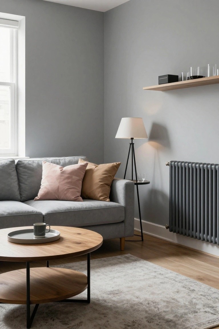 Corner of a modern living room with light gray walls and wood floor, gray fabric sofa with pink and tan pillows, round oak coffee table holding a saucer and mug, black tripod floor lamp, small side table with glass, wooden wall shelf, and gray column radiator.