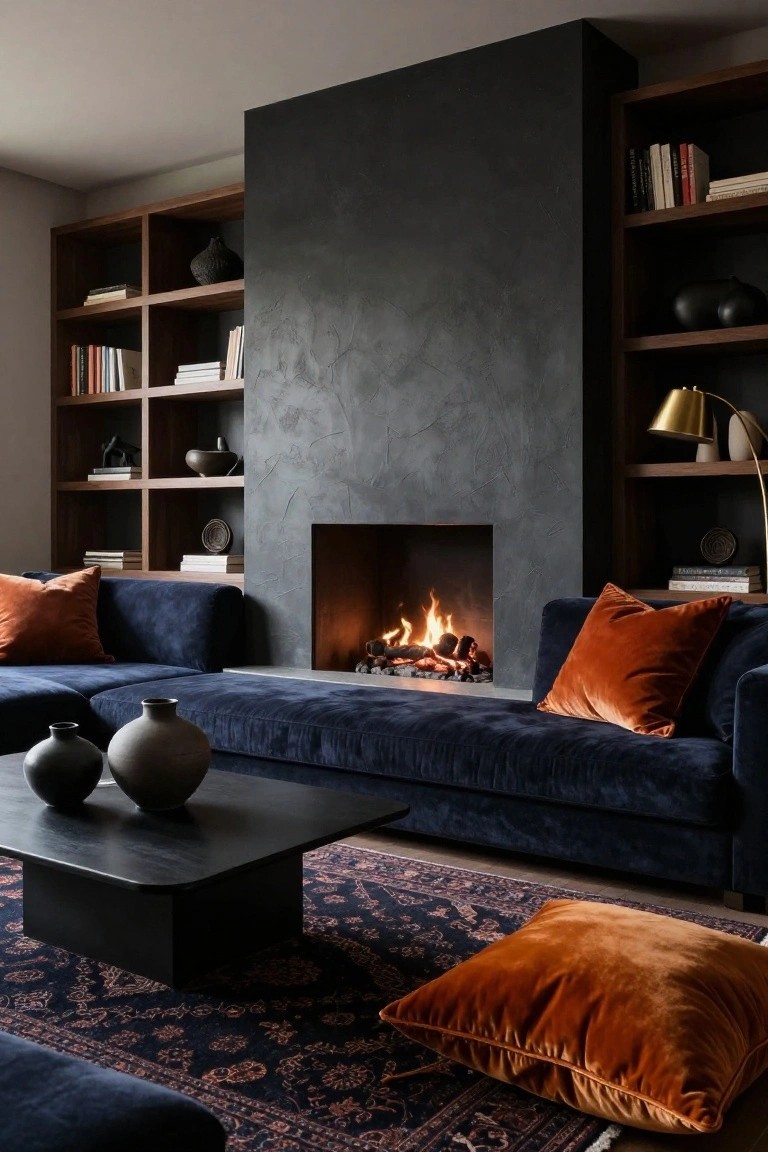 Modern living room with navy blue velvet L-shaped sofa piled with burnt orange velvet pillows, facing a tall textured black stucco wall with inset fireplace, flanked by wooden bookshelves, black coffee table with ceramic vases, and navy Persian rug on wood floor.