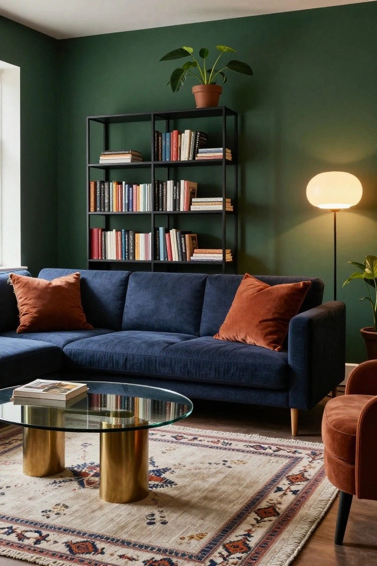 Living room with navy blue L-shaped sofa and terracotta pillows on deep green walls, black metal bookshelves filled with books, potted plants, glass coffee table with gold legs, and patterned rug.