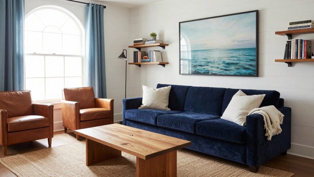Living room with navy velvet sofa, two tan leather armchairs, low wooden coffee table on seagrass rug, blue linen curtains on arched window, white shiplap walls, floor lamp, wooden shelf with books, and large framed ocean photo.