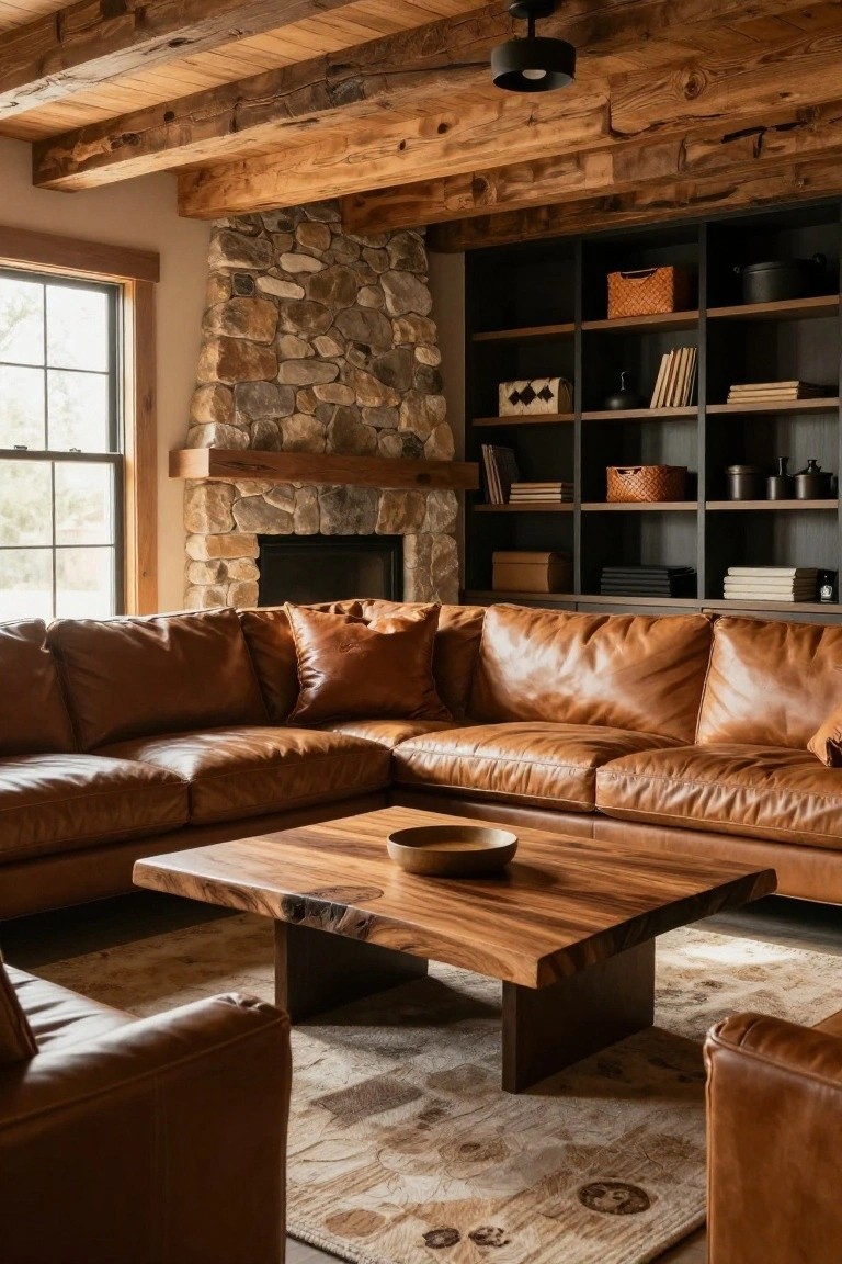 Living room with L-shaped tan leather sofa arranged around a live-edge wooden coffee table in front of a stone fireplace flanked by black shelving, under exposed wooden beam ceiling with a nearby window.