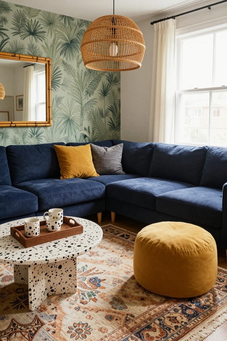 Living room with navy blue L-shaped velvet sofa against green palm leaf wallpaper, yellow pillows and ottoman, white polka-dot coffee table on patterned rug, rattan pendant light, and gold-framed mirror.