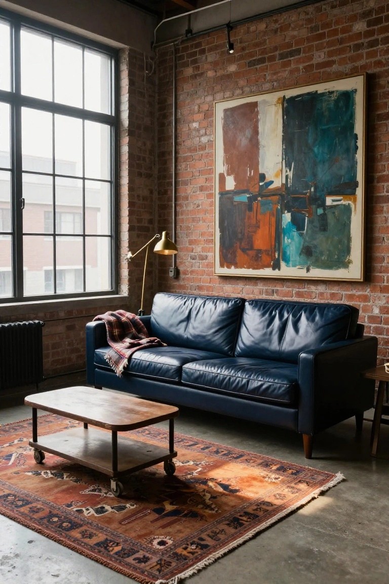 Exposed brick loft living room with navy blue leather sofa, plaid throw blanket, wooden coffee table on wheels, colorful Persian rug, gold arc lamp, and large abstract painting on the wall.