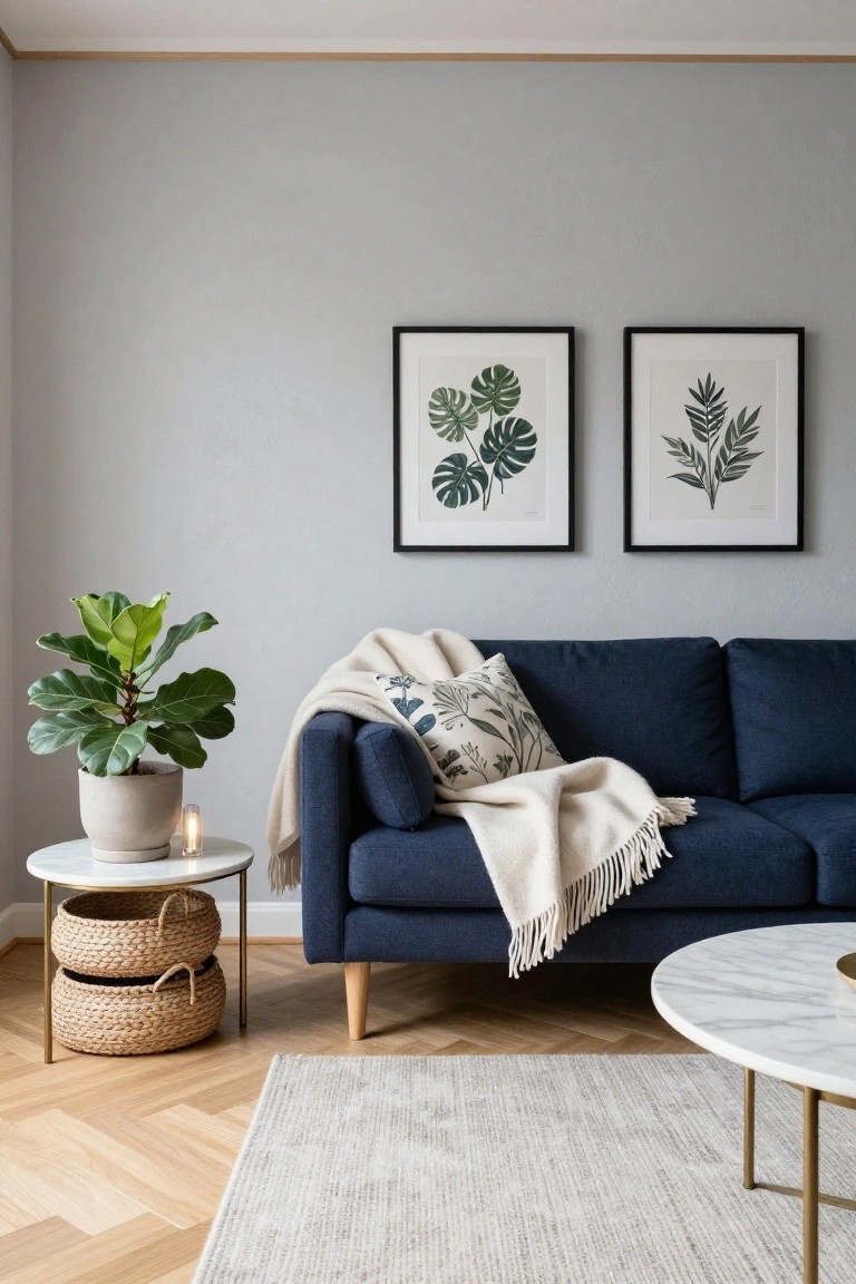 Modern living room with navy blue sofa draped in cream throw against light gray walls, two black-framed botanical prints, potted ficus plant on marble side table with candle, nested wicker baskets, marble coffee table, and light rug on herringbone oak floors.