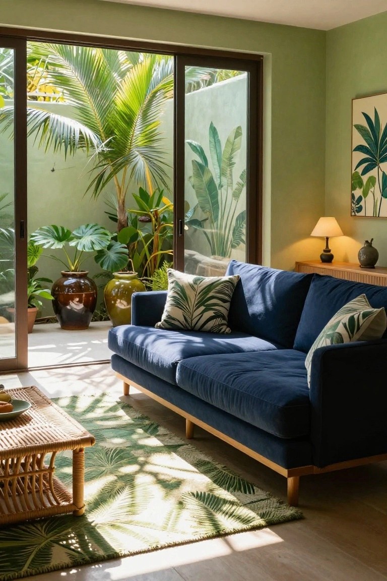 Living room with navy blue velvet sofa, sage green walls, sliding glass doors to lush tropical garden courtyard with large potted plants, rattan coffee table on green leaf-patterned rug, wooden sideboard, and lamp.
