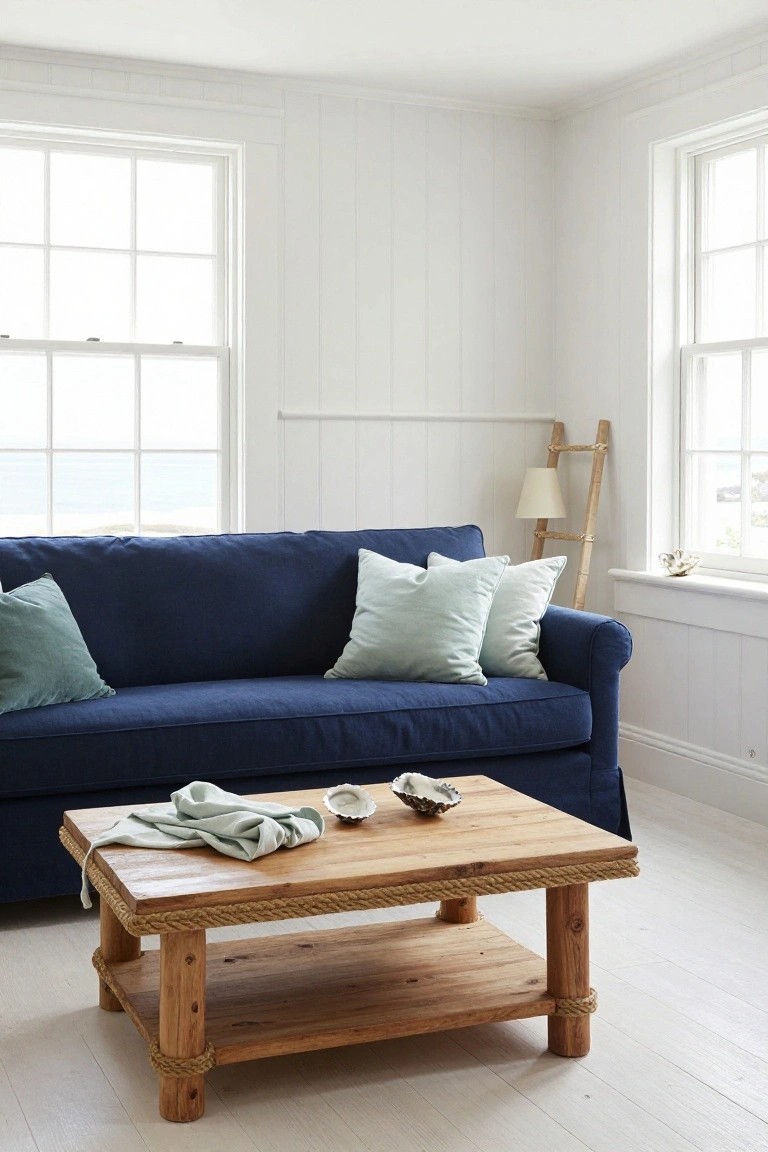 Navy blue upholstered sofa with mint green pillows in a white shiplap-paneled living room corner, wooden rope-wrapped coffee table in front, ladder shelf and large windows overlooking the ocean.