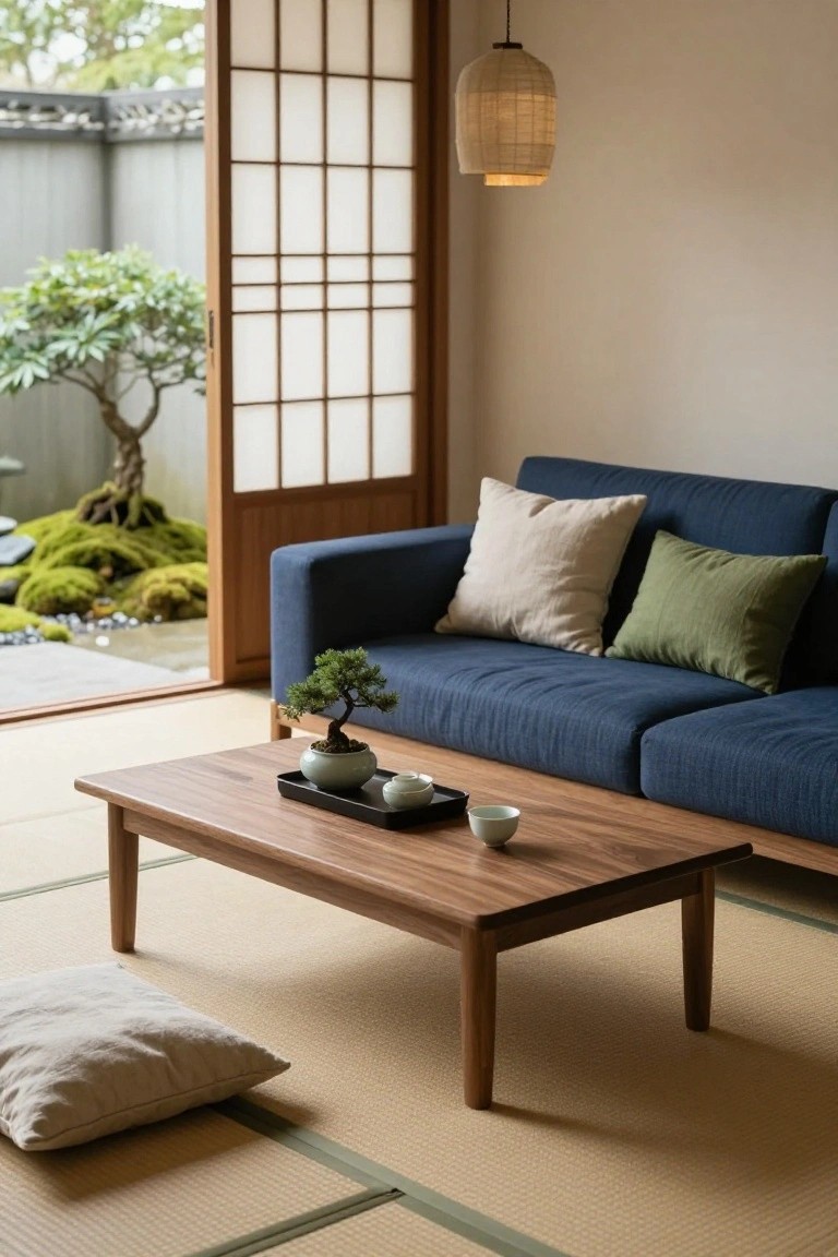 Japanese-style living room interior with navy blue low-profile sofa on tatami flooring, wooden low table with bonsai tree planter and teacups, beige and green cushions, and sliding shoji doors open to a moss-covered rock garden with bonsai trees.
