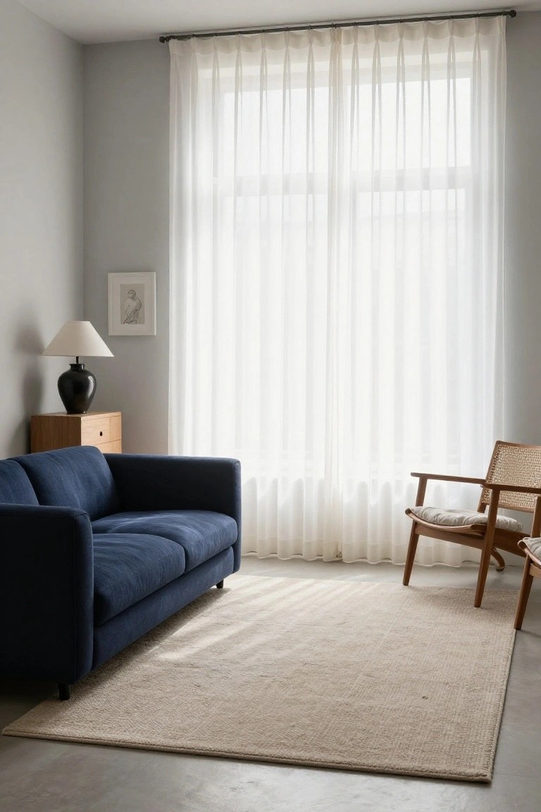 Modern living room with navy blue velvet sofa on beige seagrass rug, sheer white curtains on large windows, wooden sideboard with black vase and lamp, rattan armchair with cushions, and framed artwork on light gray walls.