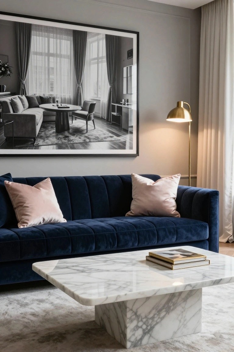 Modern living room with navy blue tufted velvet sofa topped by blush pink pillows, white marble pedestal coffee table holding stacked books, gold arc floor lamp, and large black-and-white framed photo on light gray wall.