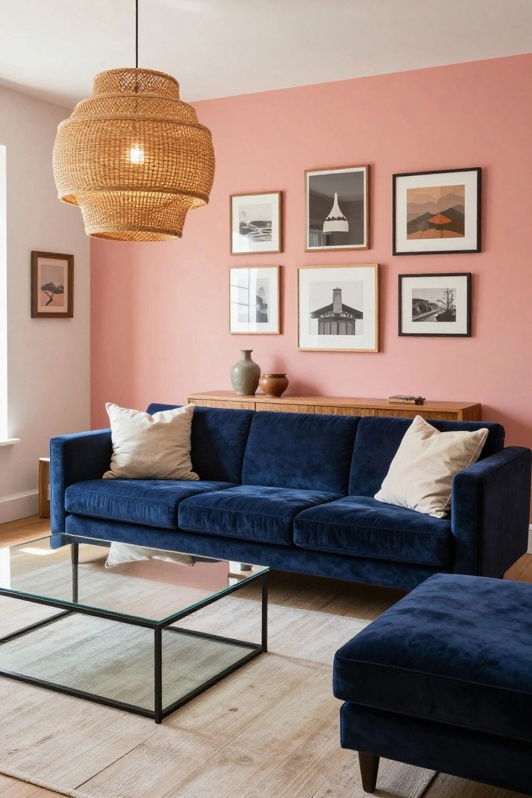 A living room with navy blue velvet sofa and matching ottoman on a light rug, blush pink walls with framed black-and-white photos, wooden sideboard with ceramics, rattan pendant lamp, and glass coffee table.