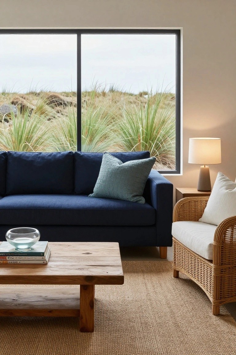 Modern living room interior with navy blue upholstered sofa, wooden coffee table topped with books and glass bowl, white rattan armchair, side table with ceramic lamp, seagrass rug, and large black-framed window overlooking sand dunes and green grasses.