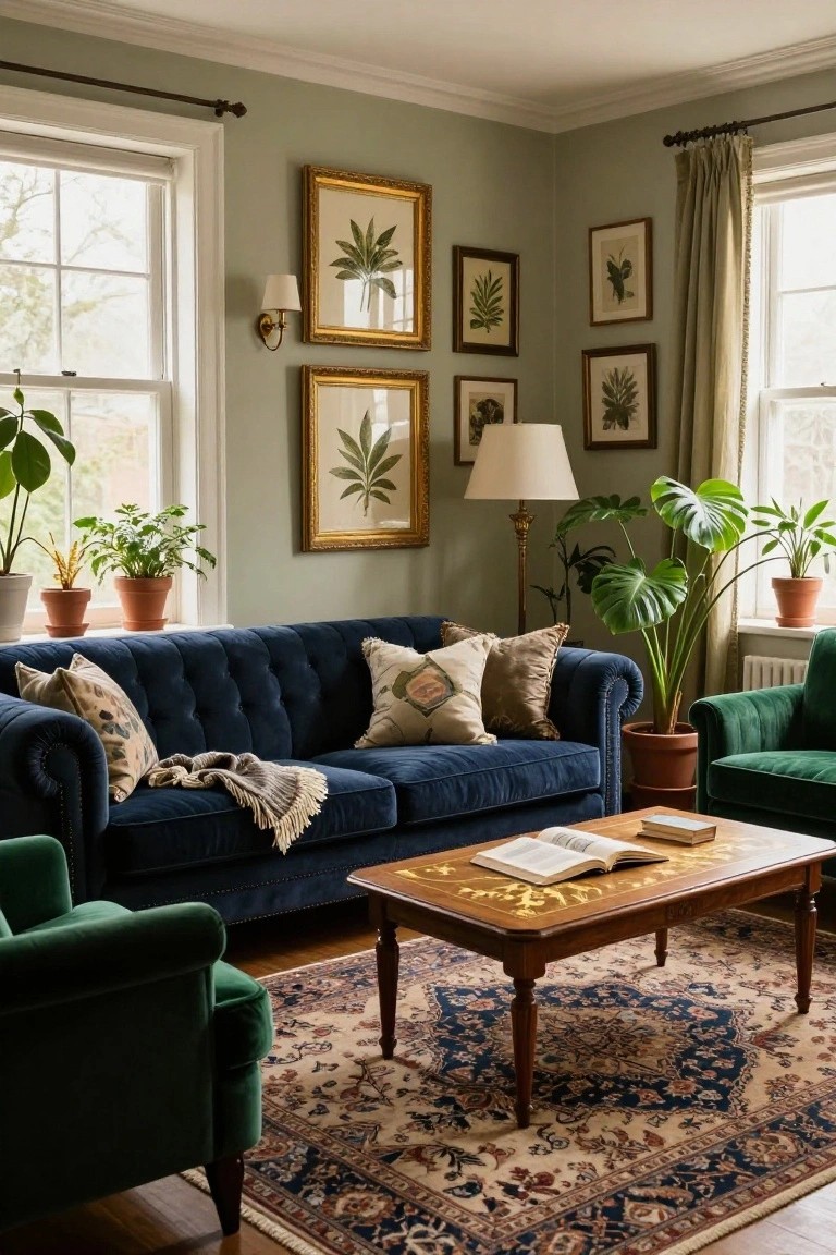 Living room with sage green walls, navy blue tufted velvet sofa, emerald green velvet armchairs, botanical leaf artwork in gold frames, potted plants, wooden coffee table, brass lamp, and blue-and-beige Persian rug.