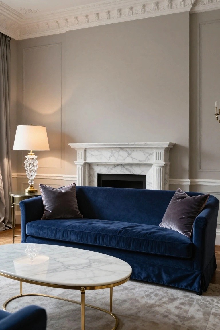 Navy blue velvet sofa in a living room with white marble fireplace, brass-legged marble coffee table, crystal lamp on side table, gray walls, and cream rug.