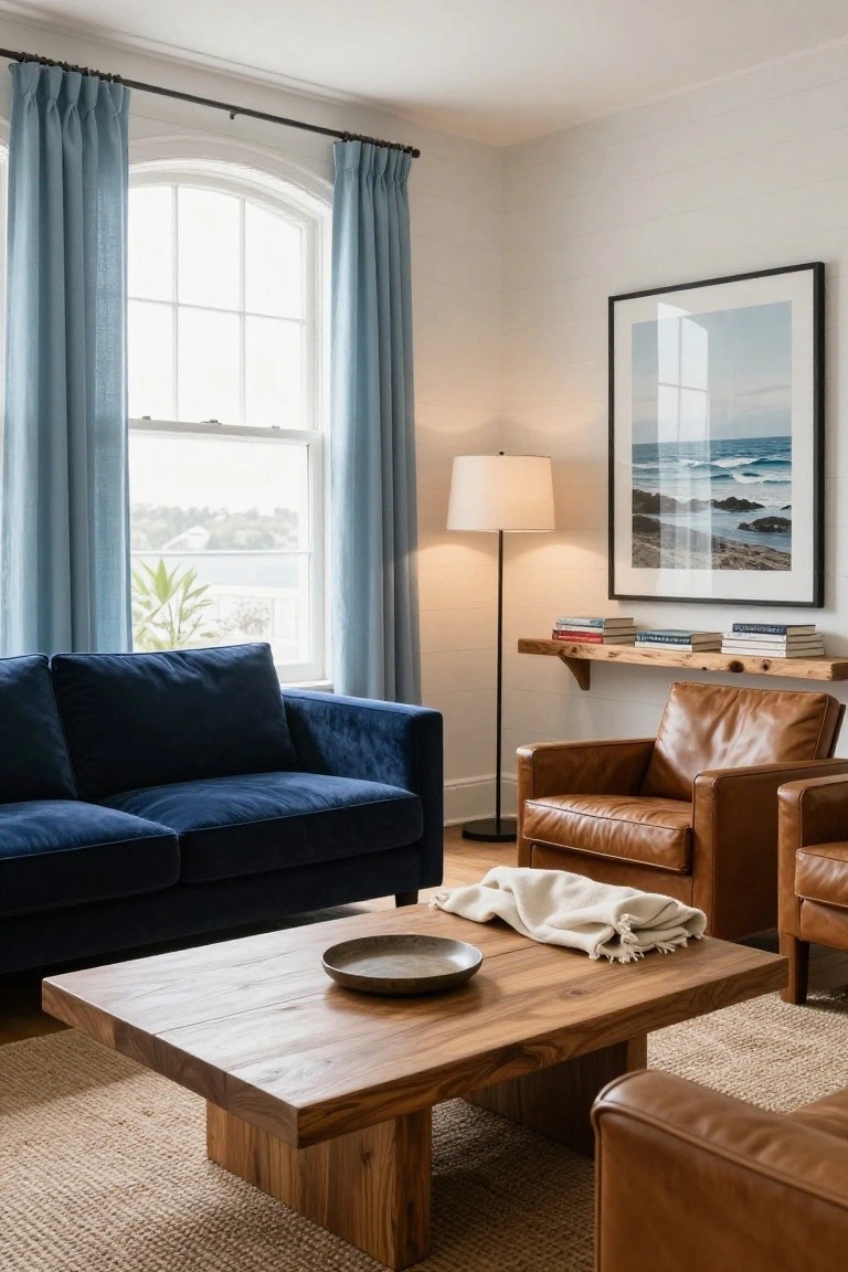 Living room with navy velvet sofa, two tan leather armchairs, low wooden coffee table on seagrass rug, blue linen curtains on arched window, white shiplap walls, floor lamp, wooden shelf with books, and large framed ocean photo.