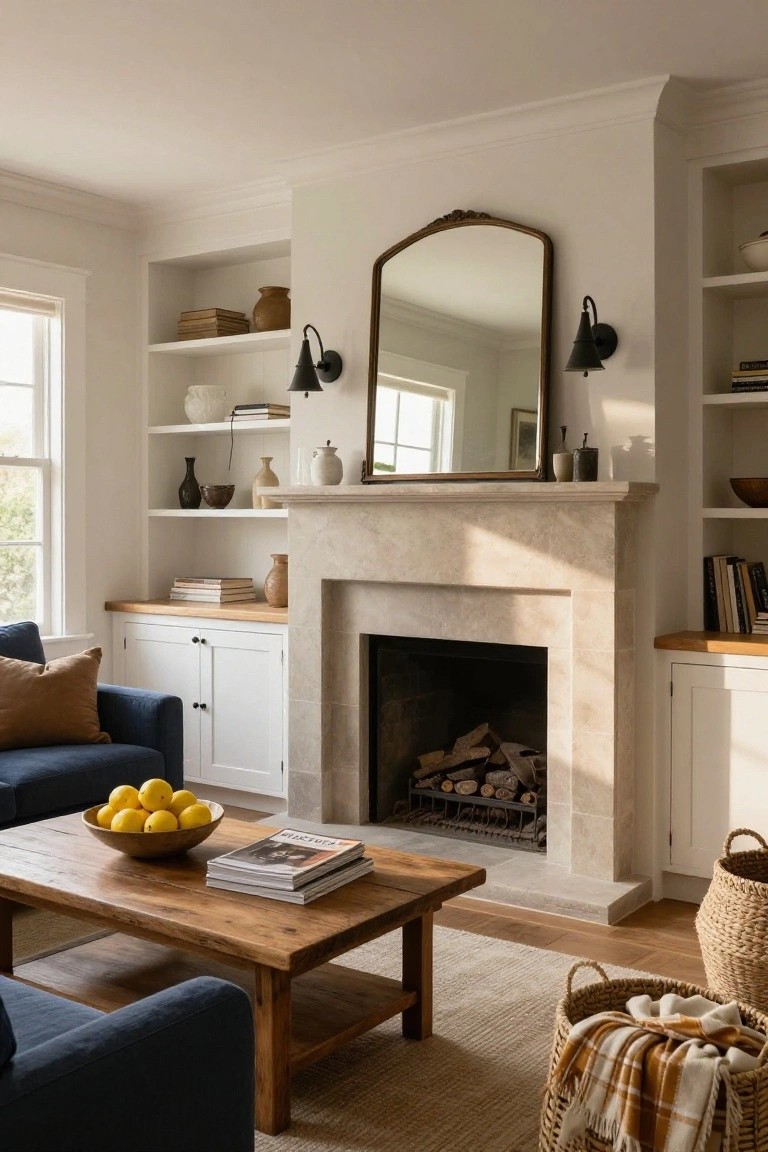 Living room with navy blue sofa, white built-in cabinets and shelving flanking a light stone fireplace, wooden coffee table holding lemons and magazines, seagrass baskets, and natural light from side windows.