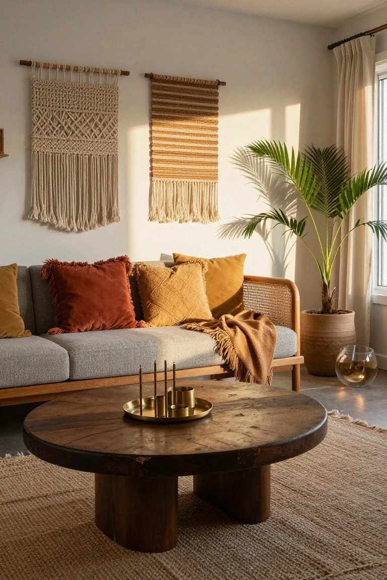 Light gray three-seater sofa with rust fringed pillows, mustard cushions, and yellow throw on adjacent rattan chair, round wooden coffee table holding brass candle holder, macrame wall hangings, potted palm plant, and seagrass rug in a bright neutral living room.