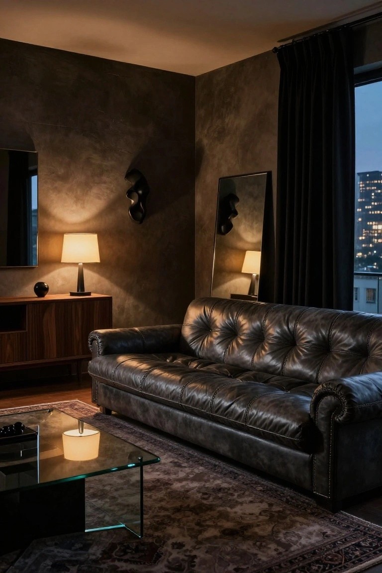 A dimly lit modern living room with black tufted leather sofa, wooden credenza, glass coffee table with lamp, tall mirror, textured walls, and window showing city lights at night.