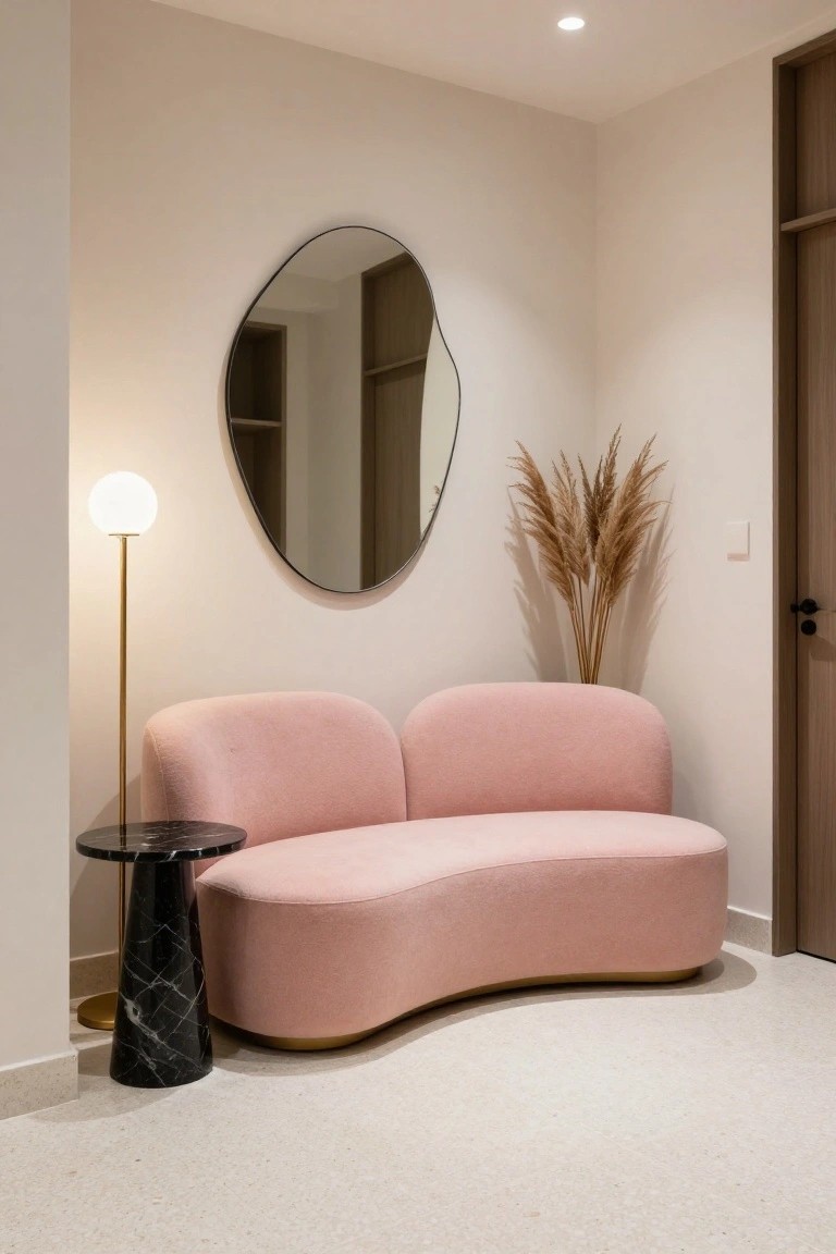 Curved blush pink upholstered sofa in a light beige room corner with a black marble pedestal side table, gold floor lamp with white globe shade, large round black-framed mirror, pampas grass, and neutral walls and doors.