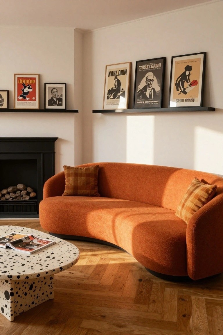 Living room with curved burnt orange sofa, polka-dot coffee table, black fireplace stacked with logs, and floating shelves displaying vintage posters above herringbone wood floors.
