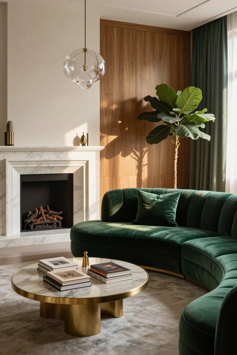 Modern living room with curved emerald green velvet sofa, round marble and gold coffee table, marble fireplace with fire, wooden wall paneling, large potted plant, and pendant light.