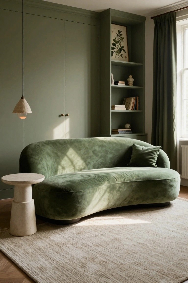A curved light green velvet sofa sits beside a white stone pedestal table on a beige rug in a sage green room with built-in wardrobes, a bookshelf, and a pendant light.