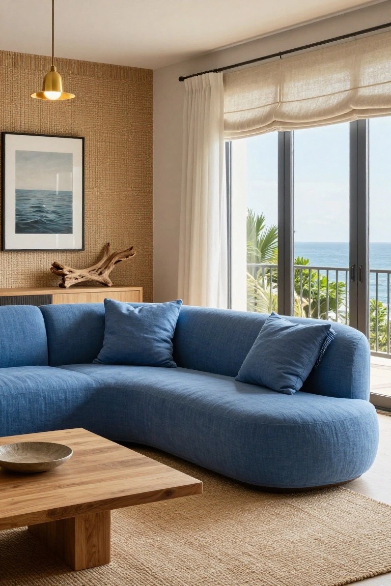 Modern living room interior with curved blue upholstered L-shaped sofa, wooden coffee table holding a bowl, rattan textured wall, framed seascape artwork, driftwood sculpture, and large windows showing ocean view with palm trees.
