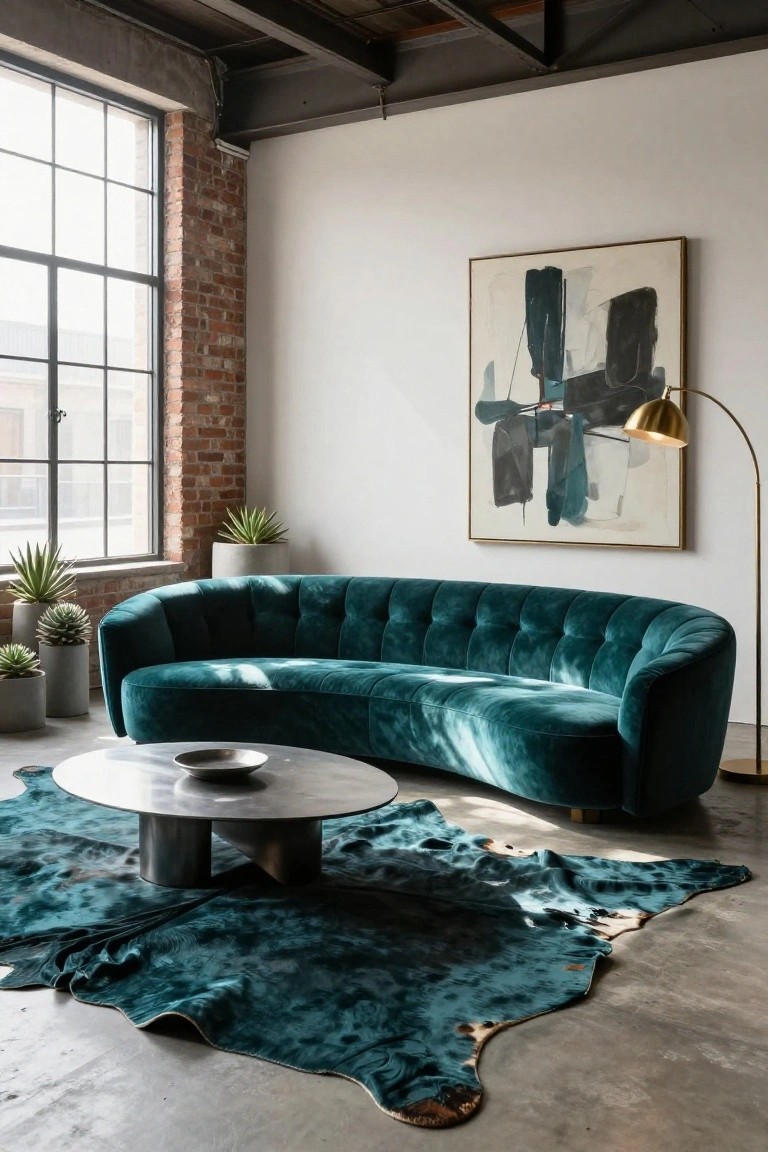 Industrial-style living room with curved teal tufted velvet sofa, round brushed metal coffee table holding a bowl, turquoise cowhide rug, potted agave plants, abstract painting on white wall, brass arc lamp, large factory windows, and exposed brick and beams.
