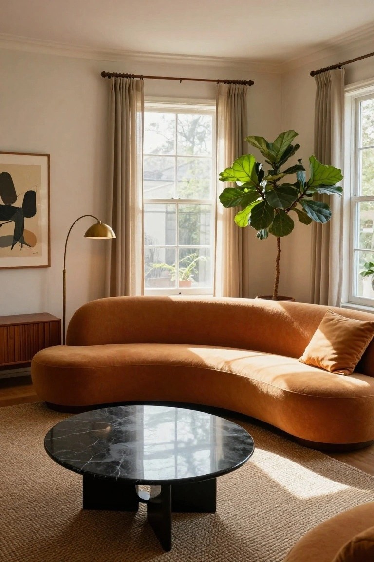 Living room corner with burnt orange curved bouclé sofa, black marble coffee table on jute rug, fiddle leaf fig plant, brass arc lamp, abstract wall art, and windows with beige curtains.