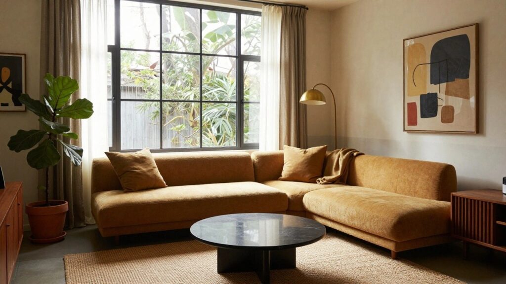 22 Modern Sofa Ideas for 2025 With Trending Shapes Living room corner with burnt orange curved bouclé sofa, black marble coffee table on jute rug, fiddle leaf fig plant, brass arc lamp, abstract wall art, and windows with beige curtains.