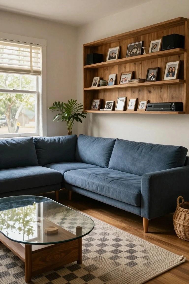 Modern living room with navy blue L-shaped fabric sofa, wooden wall shelves holding framed photos and books, glass-top wooden coffee table, potted palm plant, and window with blinds.