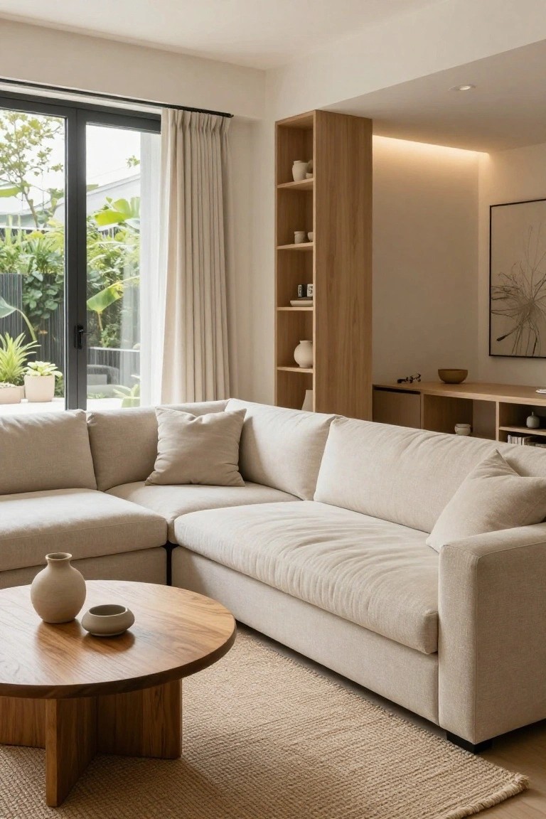 Beige L-shaped fabric sofa in a light modern living room with wooden coffee table, built-in oak shelves, ceramic vases, jute rug, and sliding glass doors to a lush garden.