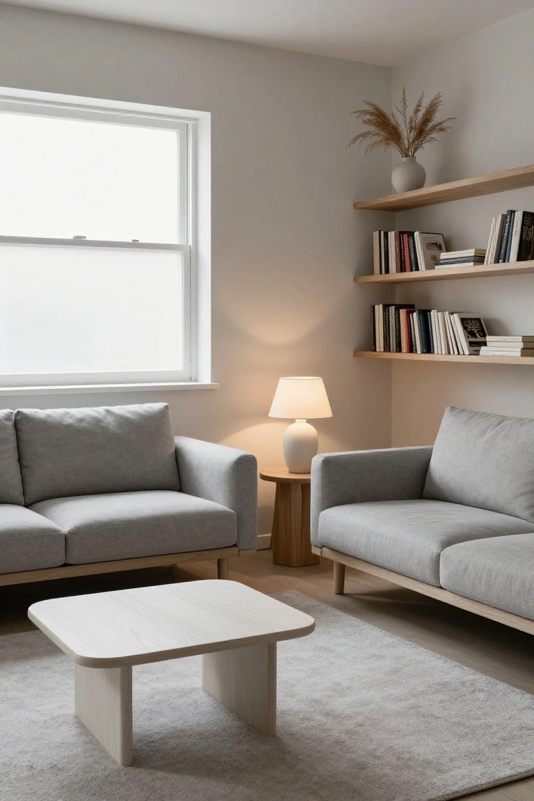 Modern living room with two light gray low-profile boxy sofas facing each other across a white low coffee table, wood side table with white lamp, floating oak shelves holding books and plants, and a large window with sheer shade.