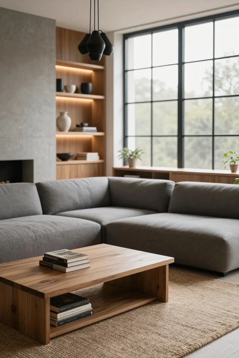 Modern living room with light gray low-profile L-shaped sofa, wooden coffee table holding stacked books, built-in oak shelving with ceramics and plants, concrete accent wall, steel-framed windows, and seagrass rug.