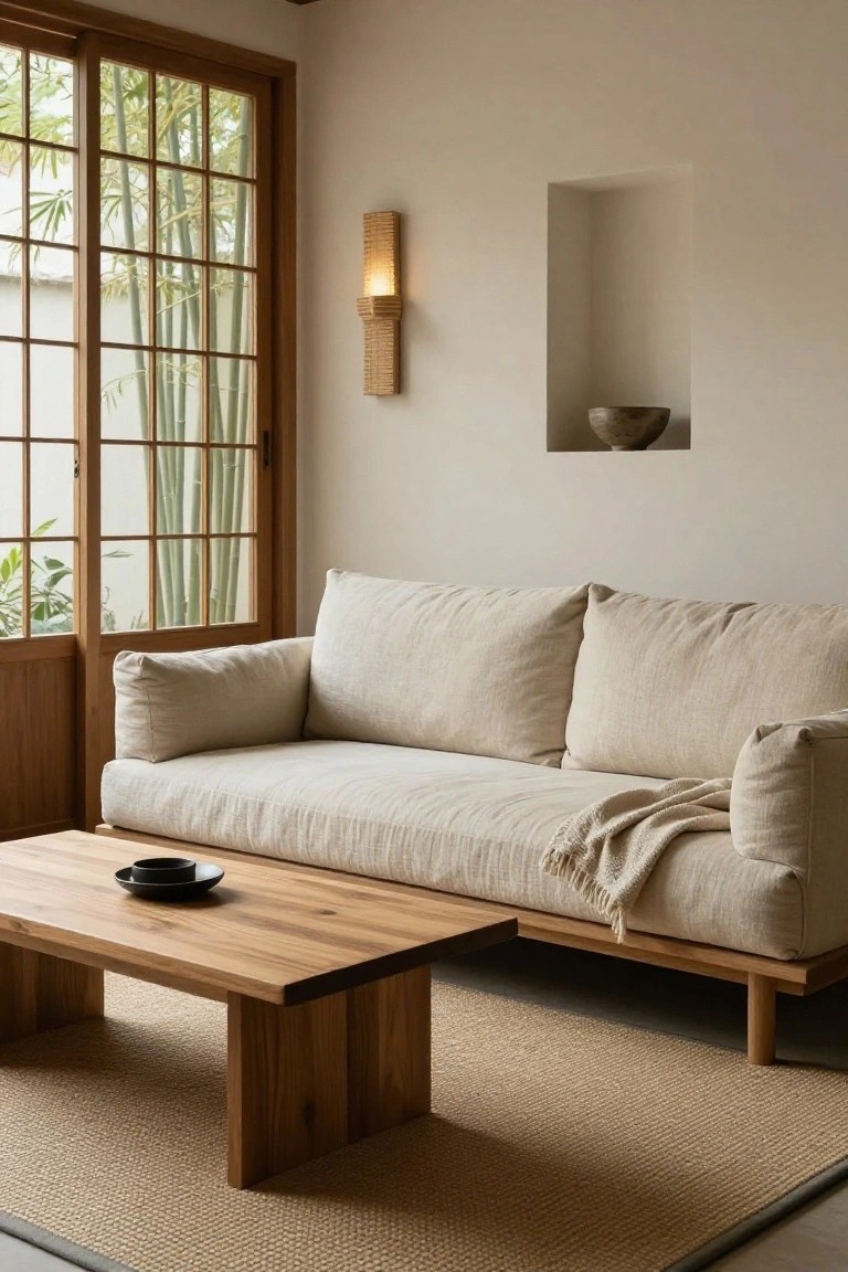 Beige low-profile sofa with linen upholstery on wooden legs in a minimalist living room featuring sliding shoji doors to a bamboo garden, low wooden coffee table with black dish, beige rug, and wall niche with ceramic bowl.