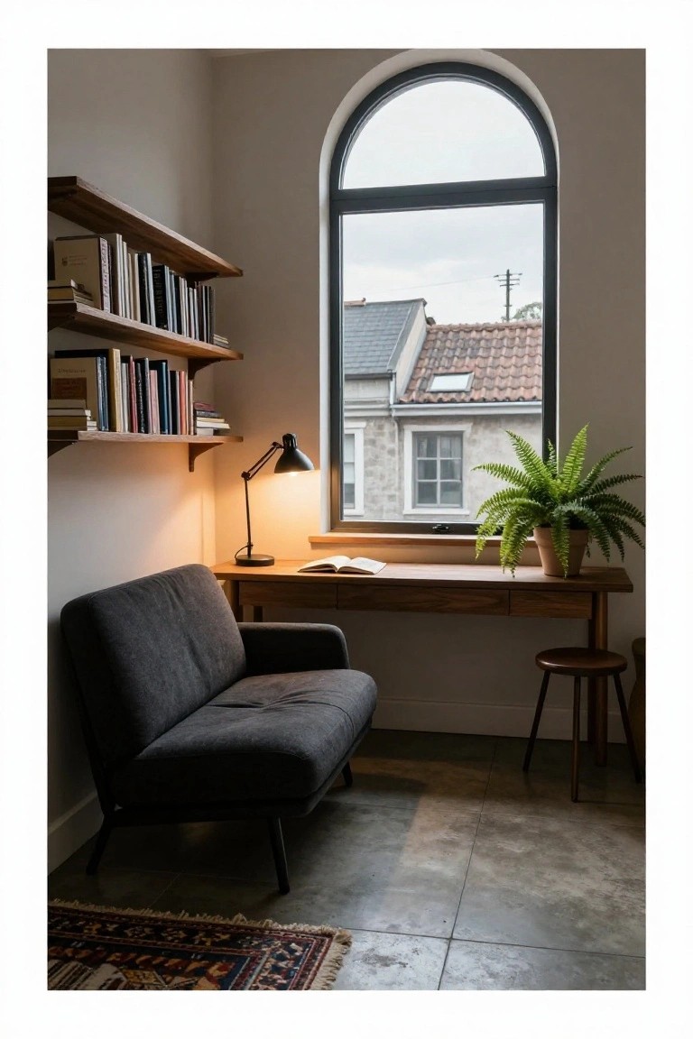 Gray low-profile fabric sofa positioned next to a wooden desk beneath a large arched window in a room with wooden bookshelves, desk lamp, potted fern, and patterned rug on tiled floor.