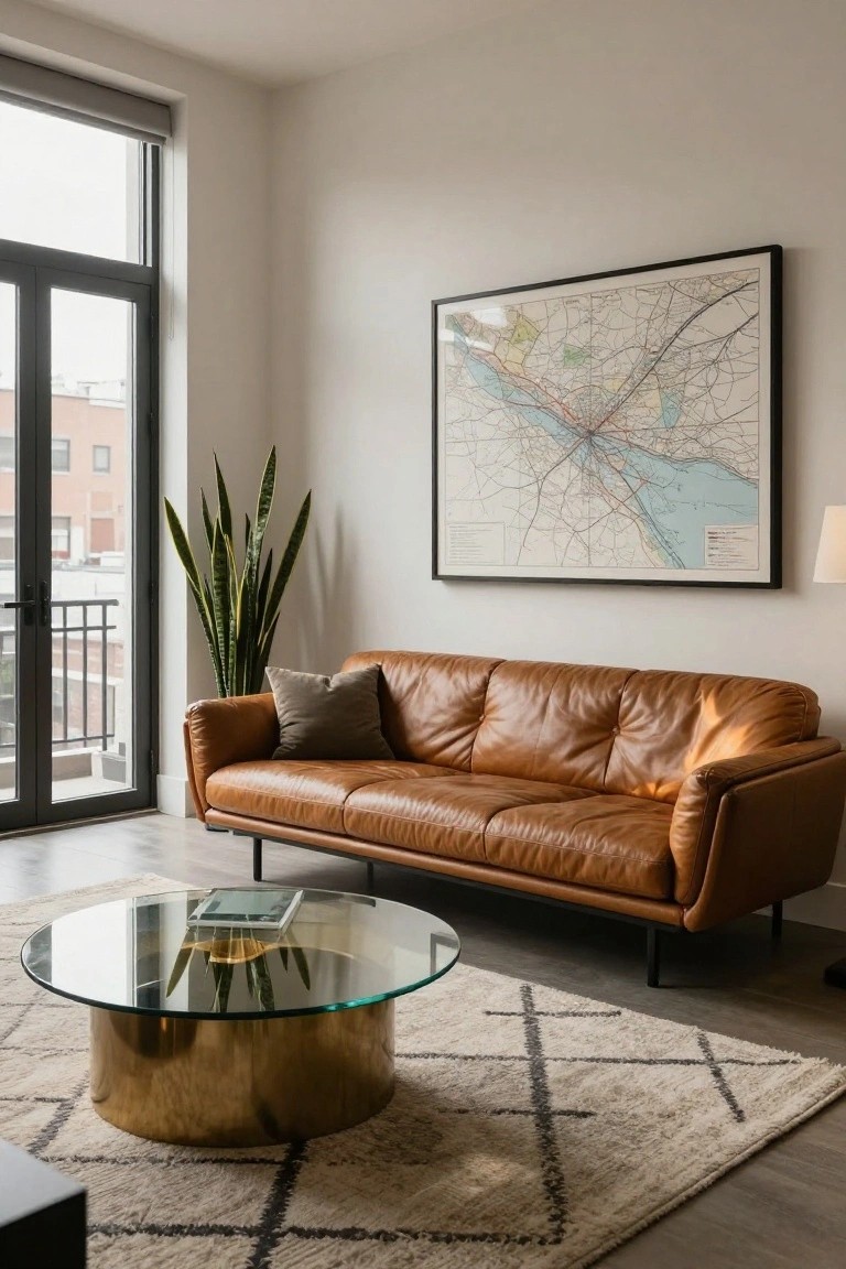 Modern living room interior with tan leather three-seater sofa on slim legs, round glass-top brass coffee table, tall snake plant, large framed map on wall, and balcony doors.