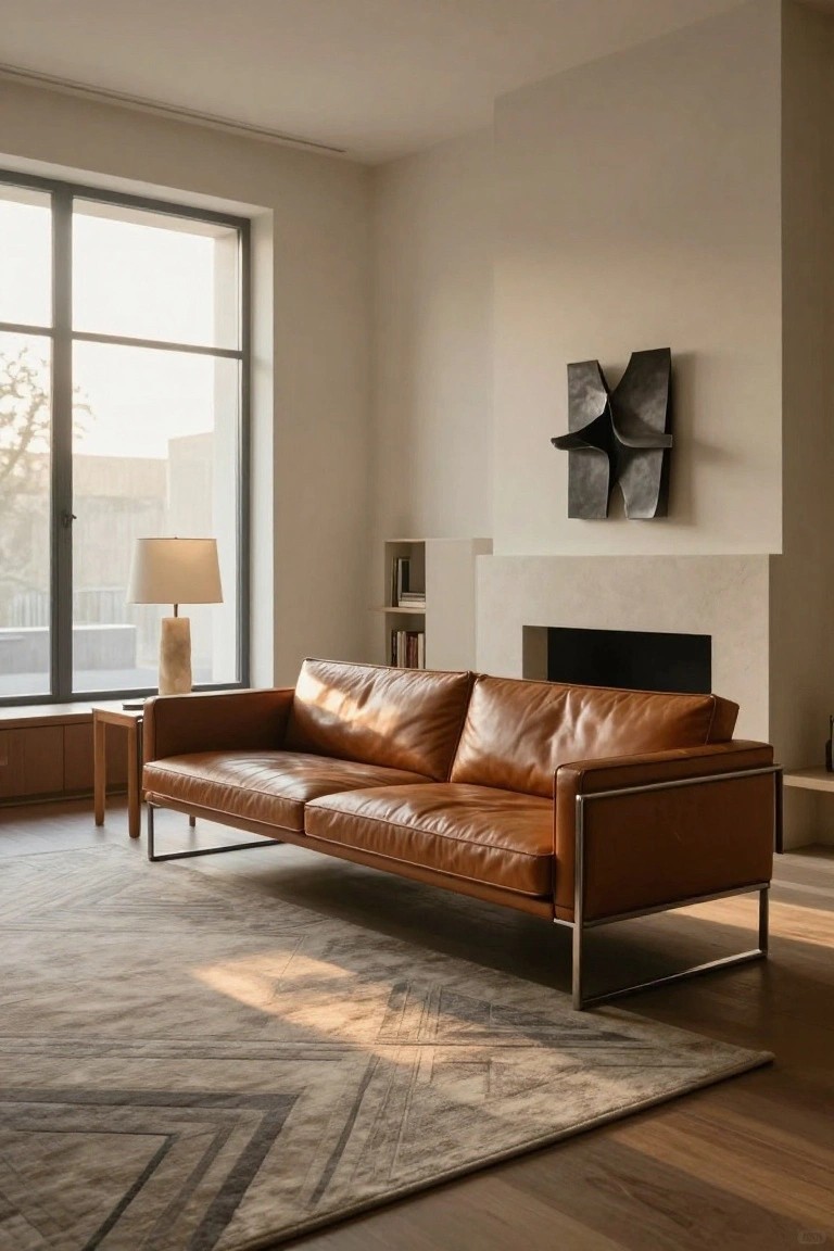 A tan leather sofa with chrome frame legs sits in a light-filled living room beside a low wood side table, lamp, bookshelves, minimalist fireplace, and large window with geometric rug on wood floor.