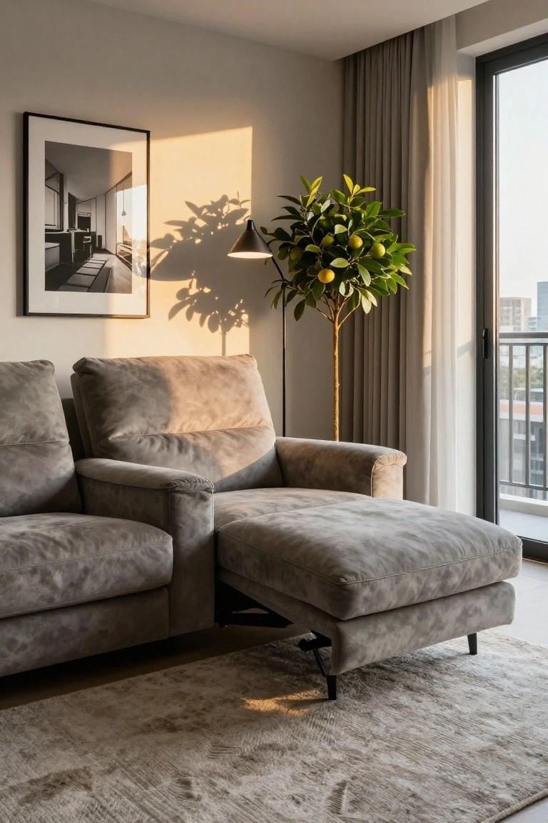 Gray textured sectional sofa with chaise lounge in a beige living room, next to a potted citrus tree, floor lamp, framed black-and-white photo, sheer curtains, and balcony doors with city view.