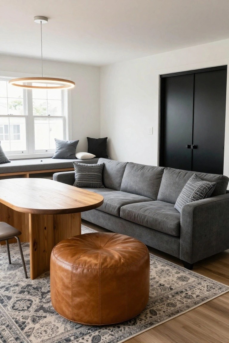 Bright living room with gray three-seat sofa, oval wooden coffee table, brown leather pouf, gray window seat bench with pillows, beige patterned rug, wood floors, white walls, black sliding doors, and wooden ring pendant light.