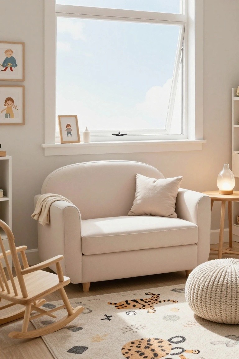 A cream-colored curved two-seater sofa with pillows and blanket in a light nursery room that includes a wooden rocking chair, knitted pouf, tiger-print rug, bookshelves, lamp, and window with framed artwork.