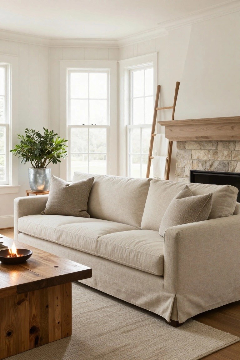 A beige slipcovered linen sofa with boxy shape and skirt in a white-walled living room featuring large windows, wooden coffee table with candle bowl, potted plant in metal bucket, wooden ladder with towels, and stone fireplace.