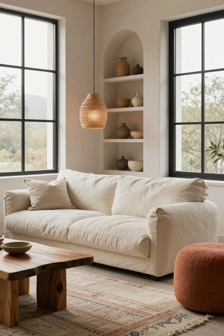 Light beige linen sofa with loose cushions in a beige-walled living room featuring large black-framed windows overlooking trees, arched niche shelves with pottery, rattan pendant light, wooden coffee table, and orange ottoman on a patterned rug.